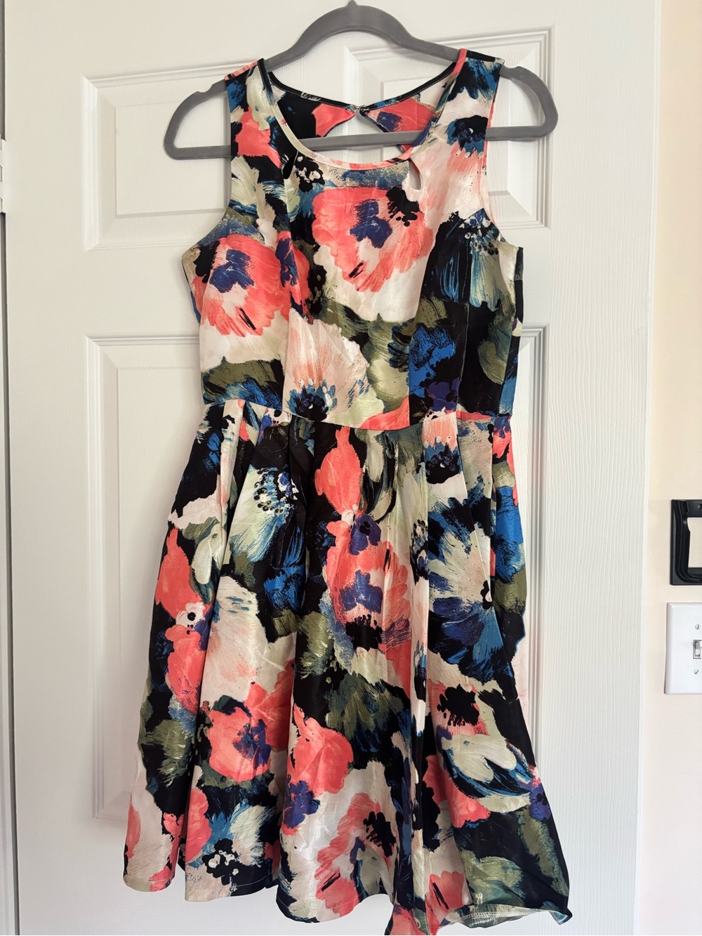 Floral Fit-and-Flare Dress in Coral and Navy
